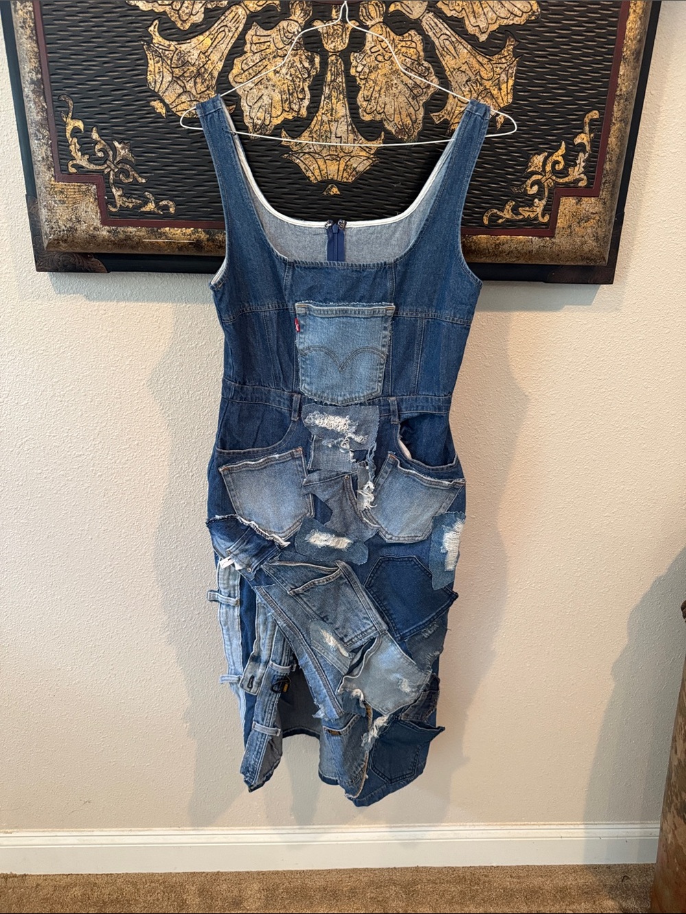 Patchwork Distressed Denim Midi Dress - Blue
